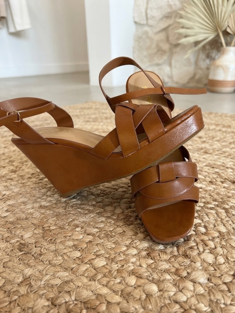 BAMBOO Tan Wedge Sandals with Strappy Faux-Leather Upper
